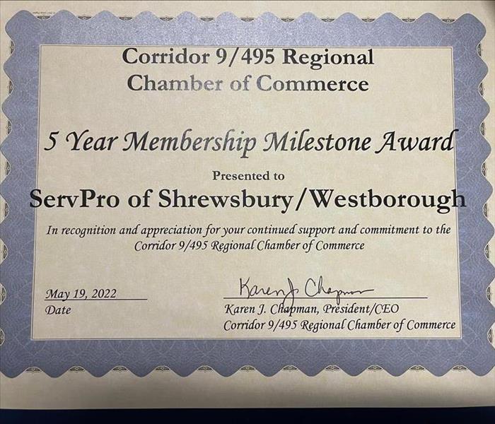 5 Years of Membership Corridor 9/495 Regional Chamber of Commerce Award